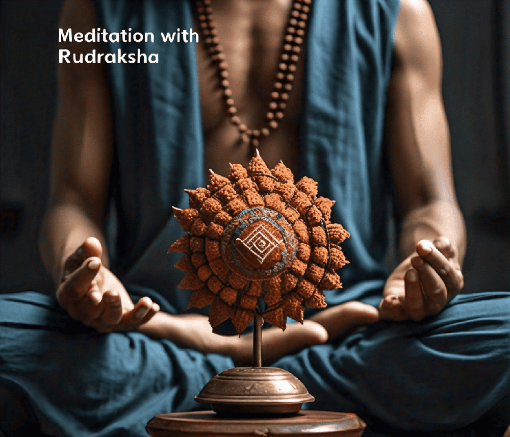 A person meditating with a Rudraksha mala, showcasing the integration of these sacred beads into the meditation practice